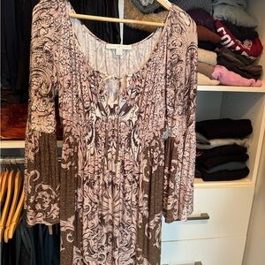 Boston Proper Brown and Tan Bishop Sleeve Sundress